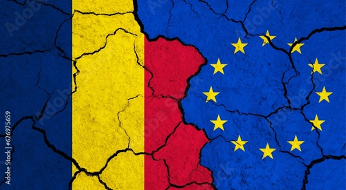 Flags of Chad and European Union on cracked surface - politics, relationship concept
