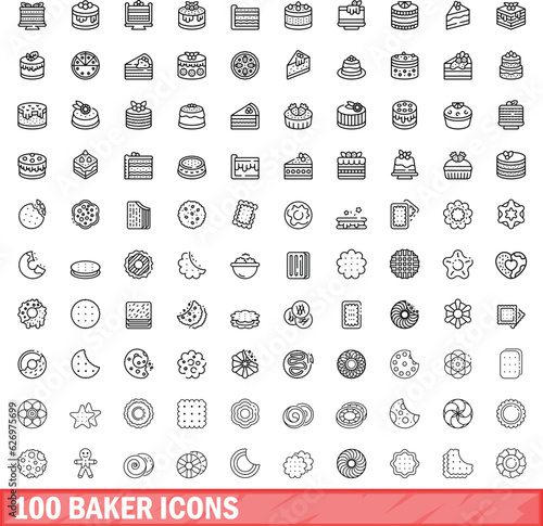 100 baker icons set. Outline illustration of 100 baker icons vector set isolated on white background