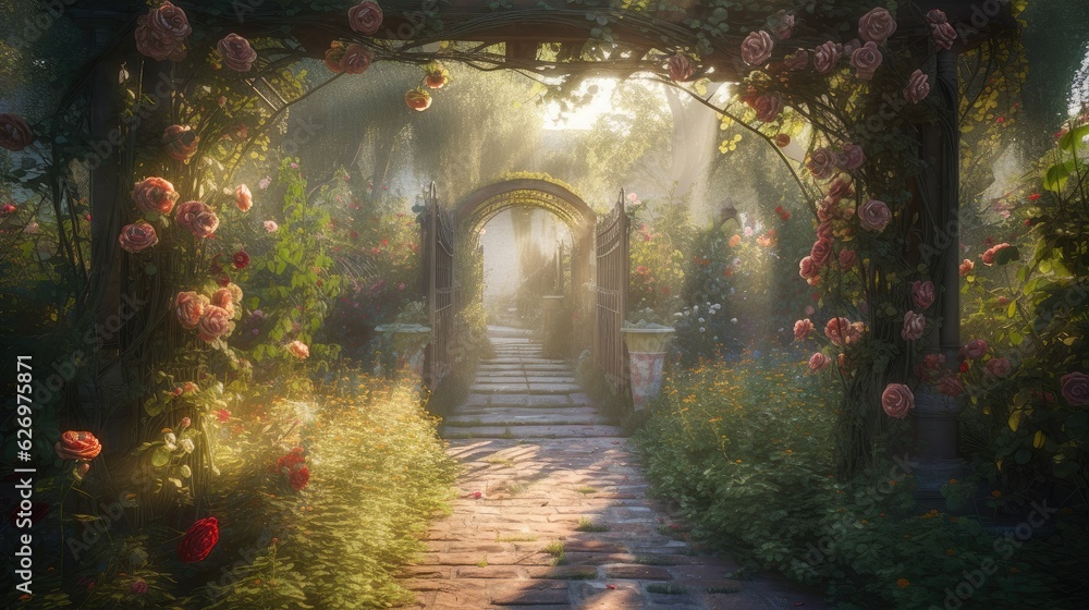 entrance to a garden with roses. Created with Generative AI. entrance to a garden with roses. Created with Generative AI.