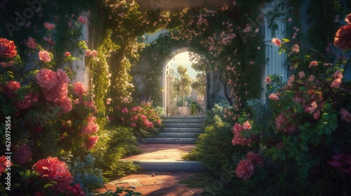 Fototapeta Naklejka Na Ścianę i Meble -  entrance to a garden with roses. Created with Generative AI.