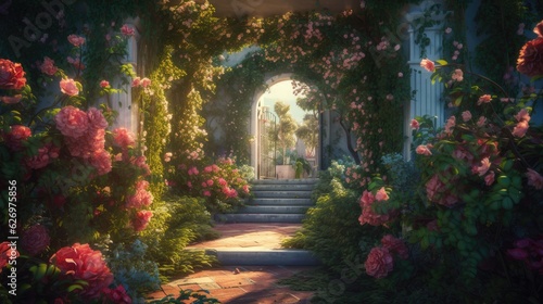 entrance to a garden with roses. Created with Generative AI.