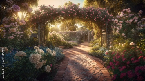 entrance to a garden with roses. Created with Generative AI.