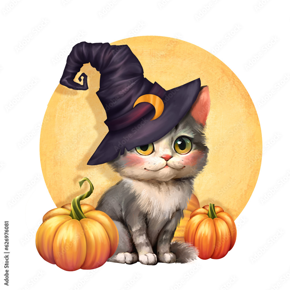 Cute cat in a witch hat sitting with a Halloween pumpkins. Cute cat in a witch hat sitting with a Halloween pumpkins.
