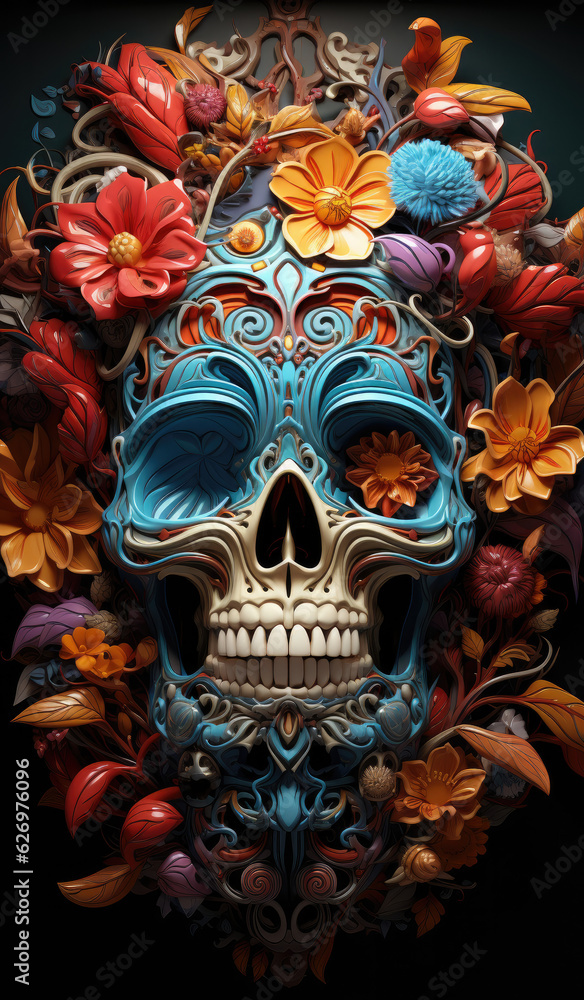 Fototapeta premium Digital illustration of a 3d render of a psychedelia art neuropsychology skull and brains, in the style of dreamlike portraiture, colorful fantasy realism