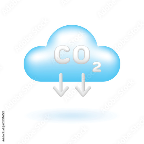3D CO2 Carbon Emissions Reduction Icon. Eco Sustainability Environment Concept. Glossy Glass Plastic Color. Cute Realistic Cartoon Minimal Style. 3D Render Vector Icon UX UI Isolated Illustration.