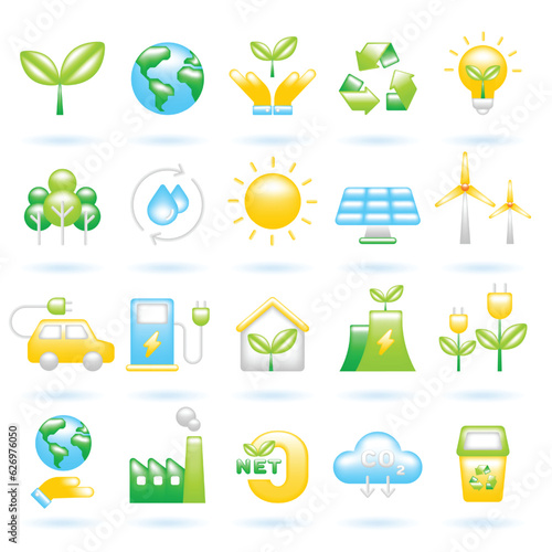 3D Icon Set of Ecology Sustainability Environment Eco Friendly Green Energy Concept. Glossy Glass Plastic Color. Cute Realistic Cartoon Minimal Style. 3D Render Vector Icons UI Isolated Illustration