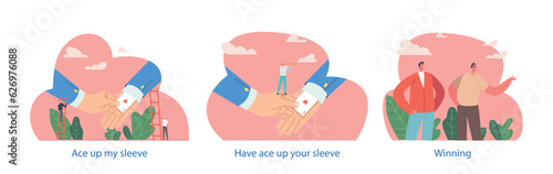 Isolated Elements With Characters Perform Ace Up Your Sleeve Scenes. Secret Advantage Or Surprise Plan