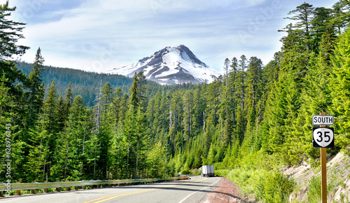 mountain road , Mount Hood is potentially active stratovolcano near portland city, oregon, usa, Glaciers and snowfields cover most of the mountain, Mount Hood is within the Mount Hood national forest