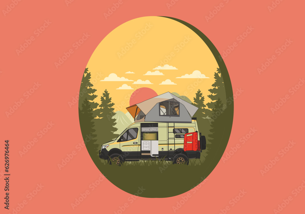 Large van with roof tent illustration design