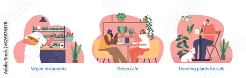 Isolated Elements with Characters In Vegan Restaurants, Seeking Plant-based Culinary Delights, Enjoy Flavorful Dishes