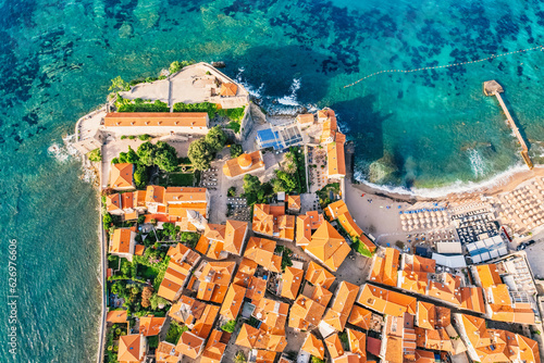 Budva, Montenegro from the air. Aerial city and beach  view.