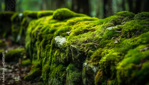 Old stone wall overgrown with moss. AI generated