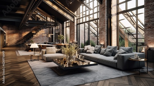 Interior of a living room, Penthouse Loft with dark stone walls with hardwood floors, Generative AI