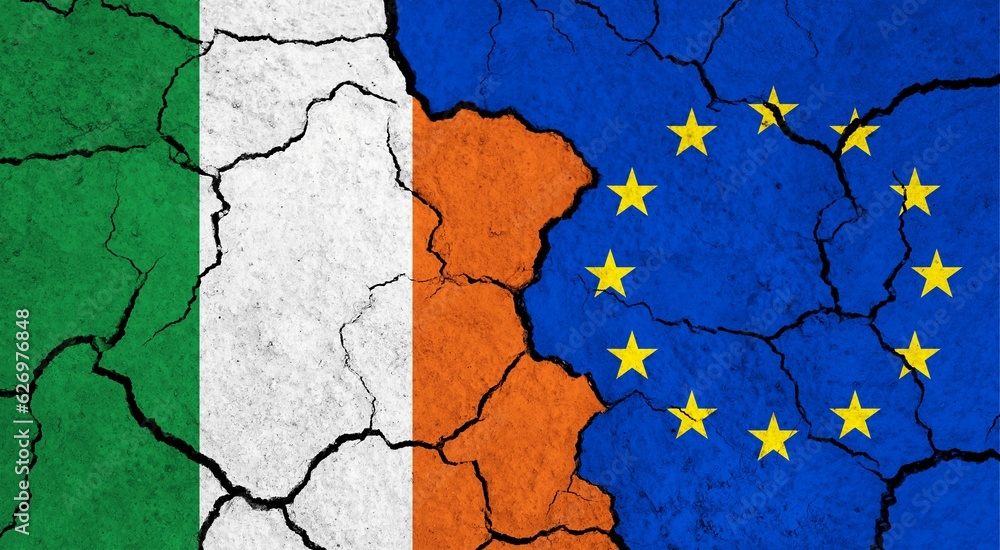 Flags of Ireland and European Union on cracked surface - politics, relationship concept