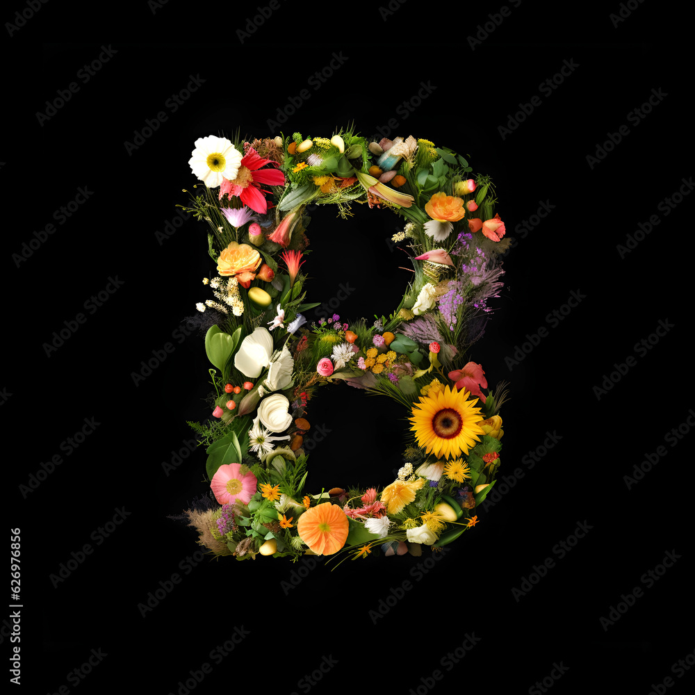 Letter B made of flowers and plants on black background. Flower font concept