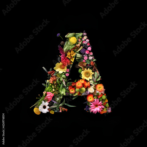 Letter A made of flowers and plants on black background. Flower font concept