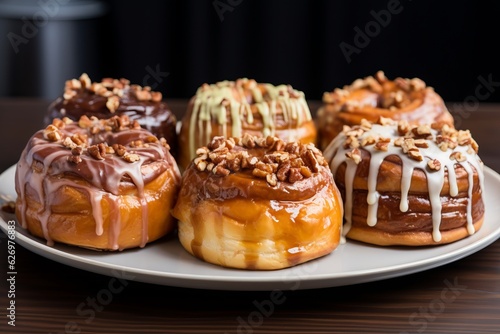 Illustration of a delicious plate of glazed cinnamon Scrolls with icing and nuts created with Generative AI technology