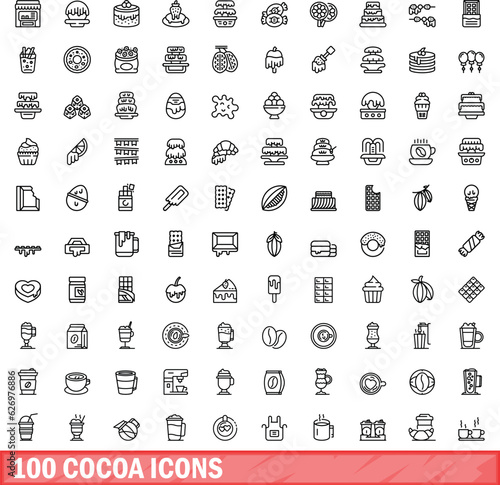 100 cocoa icons set. Outline illustration of 100 cocoa icons vector set isolated on white background