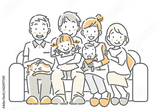 笑顔でソファに座る三世代ファミリー　シンプルでお洒落な線画イラスト
