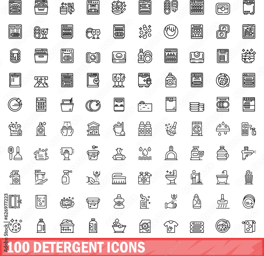 100 detergent icons set. Outline illustration of 100 detergent icons vector set isolated on white background 100 detergent icons set. Outline illustration of 100 detergent icons vector set isolated on white background