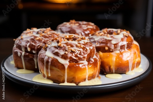 Illustration of a delicious plate of glazed cinnamon Scrolls with icing and nuts created with Generative AI technology