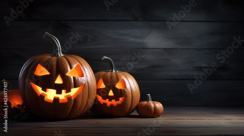 Halloween pumpkins heads jack lantern on spooky wooden background.