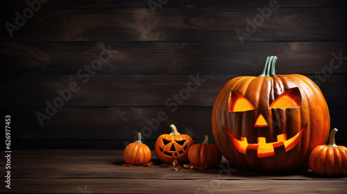 Halloween pumpkin head jack lantern on spooky wooden background.