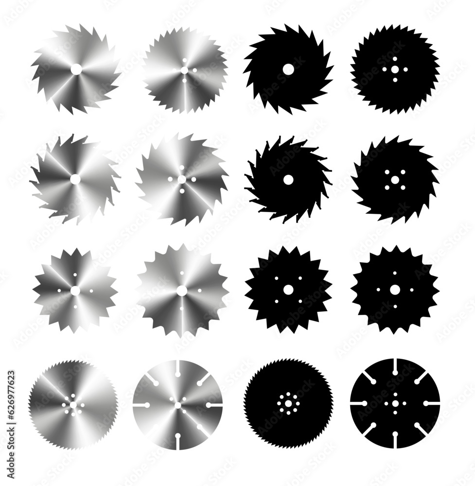 Circular saw blade. Round carpentry tool icons. Industrial rotary wheels.Vector Circular saw blade. Round carpentry tool icons. Industrial rotary wheels.Vector