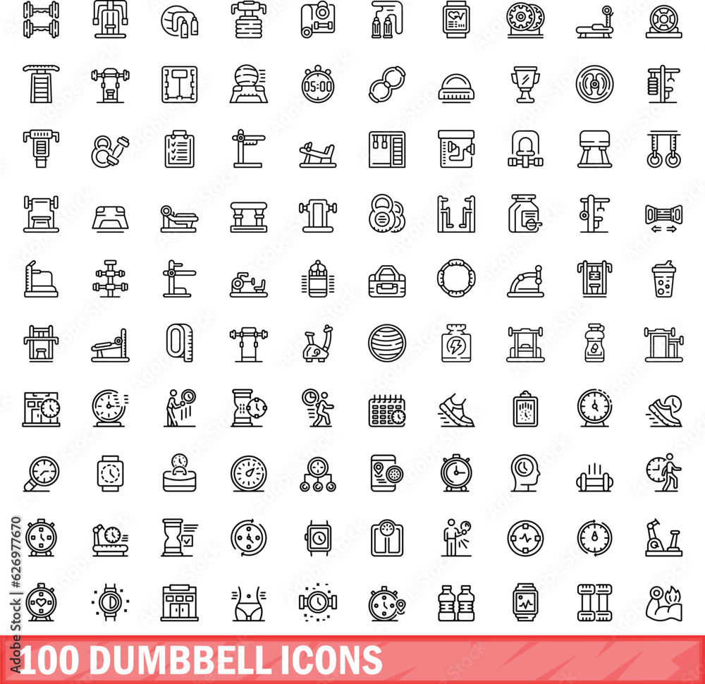 100 dumbbell icons set. Outline illustration of 100 dumbbell icons vector set isolated on white background 100 dumbbell icons set. Outline illustration of 100 dumbbell icons vector set isolated on white background
