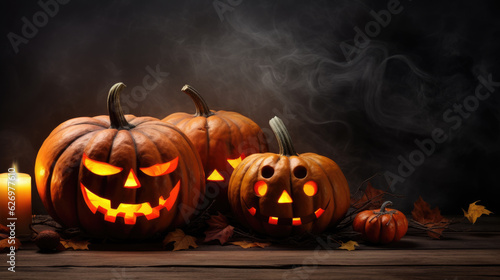 Halloween pumpkins heads jack lantern on spooky wooden background.