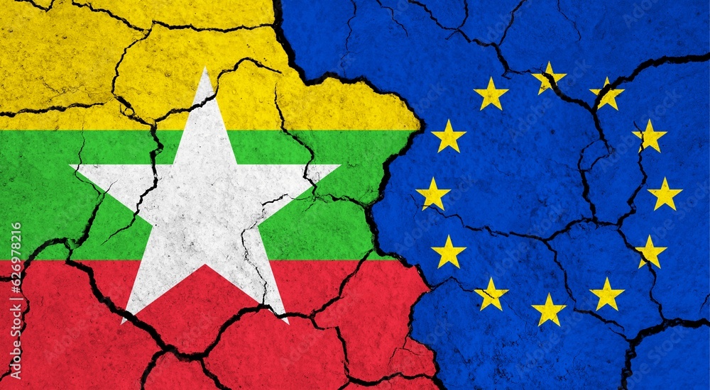 Flags of Myanmar and European Union on cracked surface - politics, relationship concept