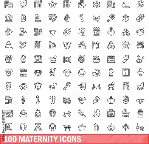 100 maternity icons set. Outline illustration of 100 maternity icons vector set isolated on white background