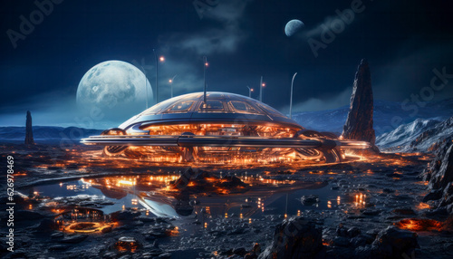 Futuristische Raumstation oder Kolonie auf einem anderen Planeten, Science-Fiction. Generative AI