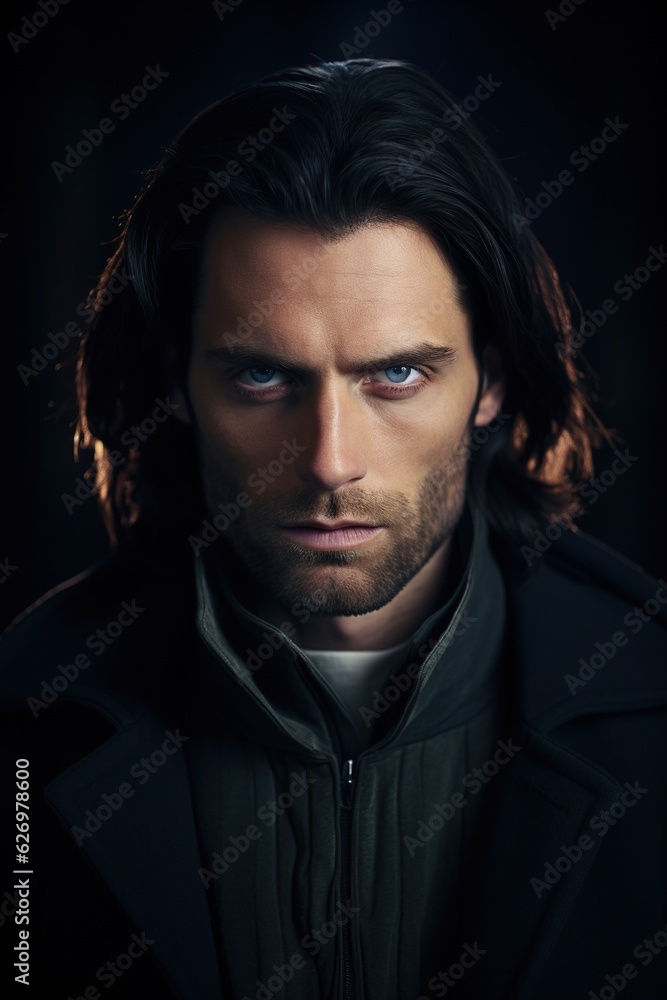 Sigma White Male with long Black Hairs and Blue Eyes dressing Black Smoking Dress. Businessman Sigma White Male with long Black Hairs and Blue Eyes dressing Black Smoking Dress. Businessman