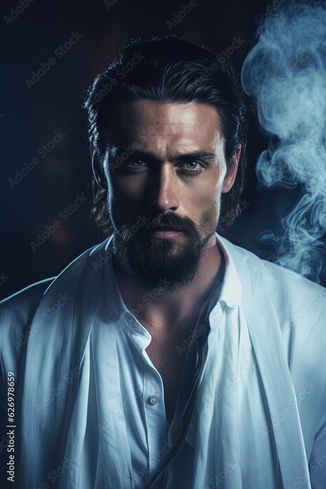 Sigma White Male with long Black Hairs and Blue Eyes dressing White Smoking Dress while Smoking in a Dark Room. Businessman Sigma White Male with long Black Hairs and Blue Eyes dressing White Smoking Dress while Smoking in a Dark Room. Businessman