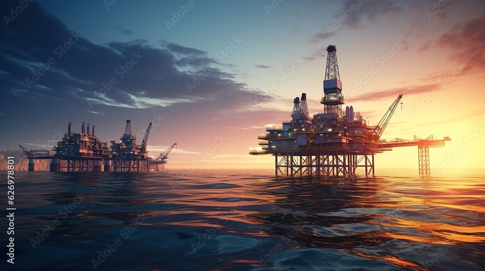 oil drilling platform at sunset, generative ai