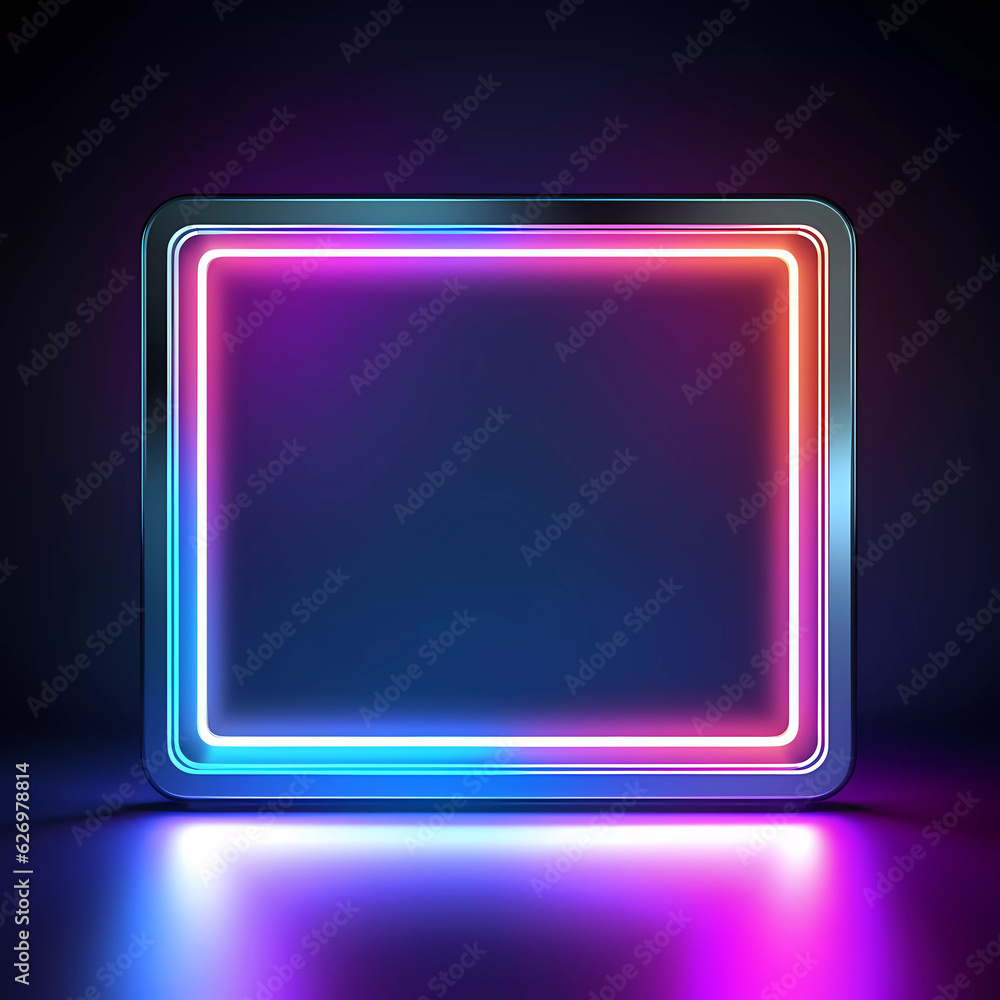 3d render, abstract geometric background with neon frame glowing with gradient light in the dark. Blank center. 3d render, abstract geometric background with neon frame glowing with gradient light in the dark. Blank center.