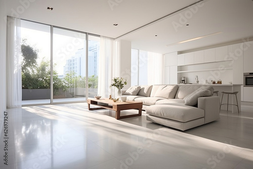 Design a serene minimalist apartment with white walls, sleek polished concrete flooring, and floor-to-ceiling windows that flood the space with natural light, creating an atmospher Generative AI