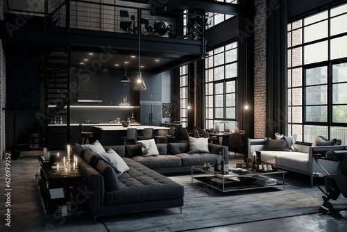 Craft a minimalist loft apartment with a monochromatic color scheme  featuring shades of gray  sleek black furniture  and metallic accents  creating a sophisticated and contemporar Generative AI