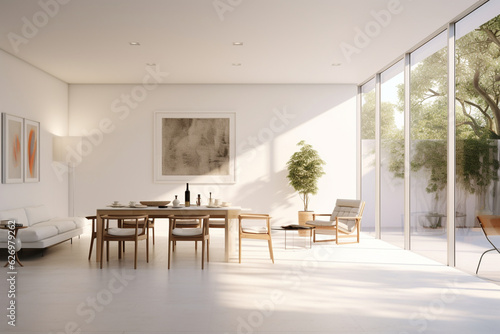 Design a serene minimalist apartment with white walls, sleek polished concrete flooring, and floor-to-ceiling windows that flood the space with natural light, creating an atmospher Generative AI