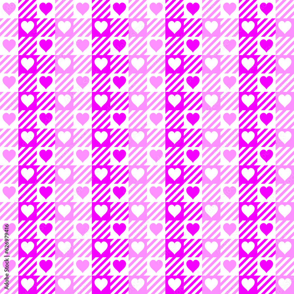 Seamless pink valentine love heart plaid fabric pattern background textile design for wallpaper, texture, printing, clothing. Vector.