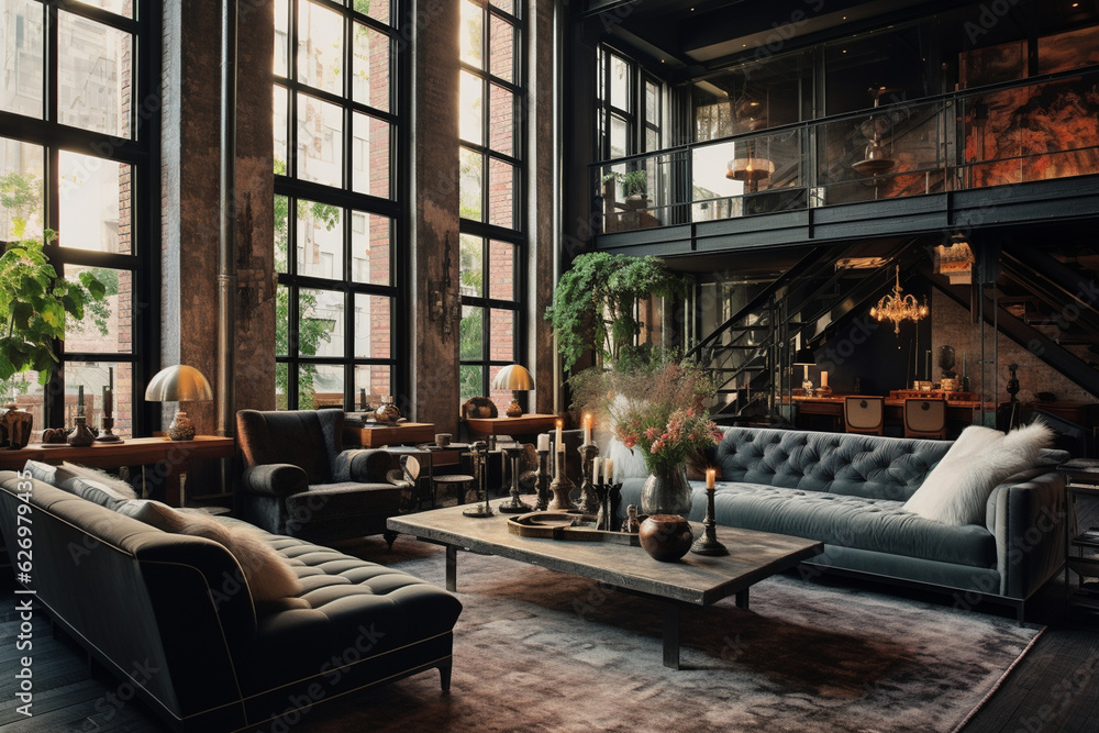 Design a chic loft apartment with high ceilings, large windows, and a mix of modern and vintage furniture, juxtaposing contemporary living with the charm of old-world elegance.