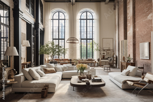 Design a chic loft apartment with high ceilings, large windows, and a mix of modern and vintage furniture, juxtaposing contemporary living with the charm of old-world elegance." Generative AI © Maksym