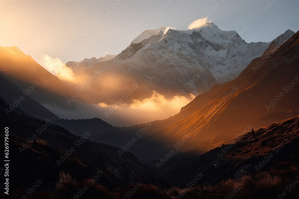 Obraz premium Beautiful colorful sunset over the mountain, generative artificial intelligence