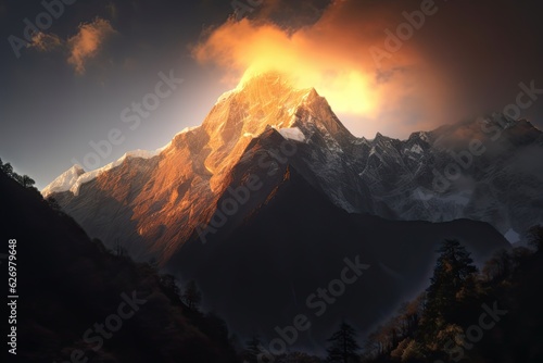 Beautiful colorful sunset over the mountain, generative artificial intelligence