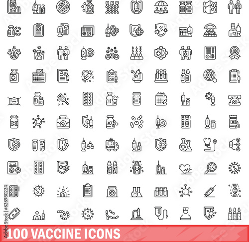 100 vaccine icons set. Outline illustration of 100 vaccine icons vector set isolated on white background