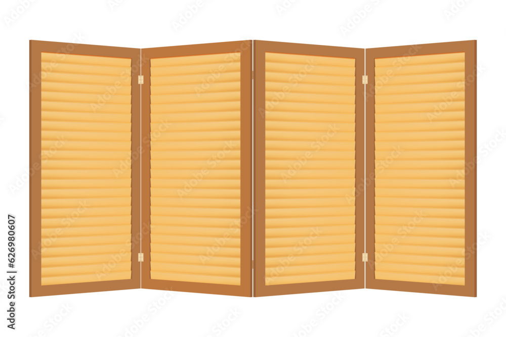 Four-fold wooden folding screen with horizontal slats. Vector object on a white background. Interior item for dividing a room. Vintage paravan for changing clothes and toilet Four-fold wooden folding screen with horizontal slats. Vector object on a white background. Interior item for dividing a room. Vintage paravan for changing clothes and toilet