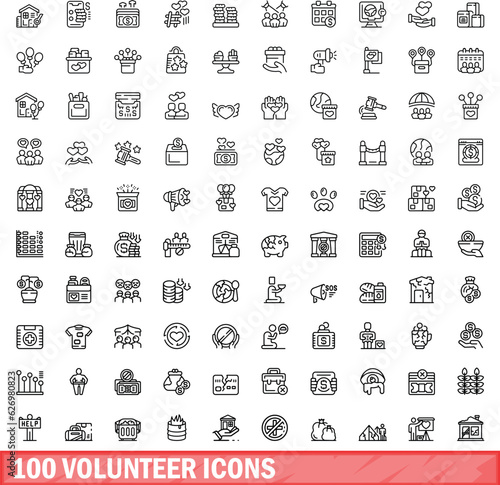 100 volunteer icons set. Outline illustration of 100 volunteer icons vector set isolated on white background
