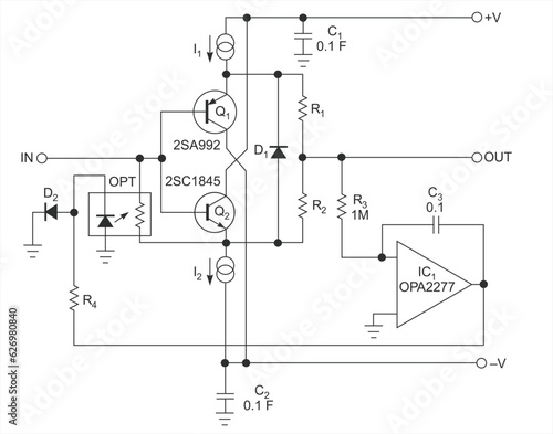 Vector drawing electrical circuit with capacitor, operational amplifier, transistor, diode and resistor. Schematic diagram of electronic device.