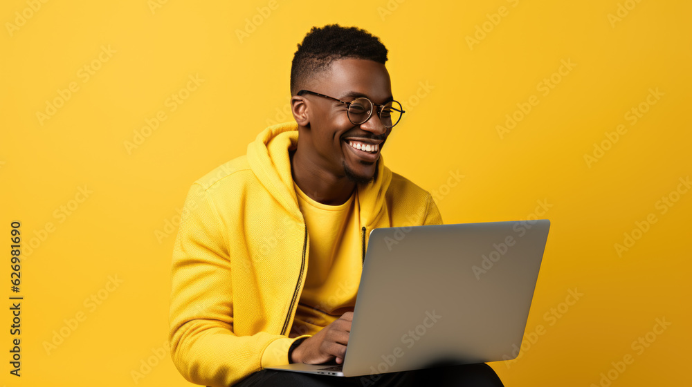Young man working on a laptop on a yellow background. Young man working on a laptop on a yellow background.